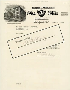 1919 Letterhead 5th STREET STORE grandes almacenes LOS ÁNGELES firmado W.A. FARIS - Imagen 1 de 3