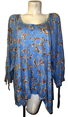 Blusa CATO Top Talla XL Azul Dorado Cuello Botón Algodón Modal Borde Crudo/Dobladillo 3/4 Slv Foto 1 de 4