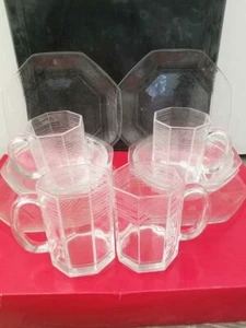 Retro Arcoroc OCTIME Glass-Dish Set Service for 4-Plates, Bowls, Mugs - Picture 1 of 4