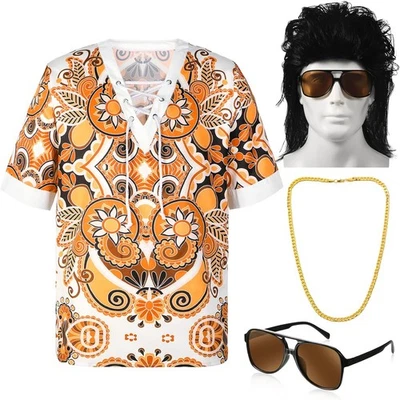 Halloween Mens 70s Hippie Costume + Afro Wig & Sunglasses Adult 60s Hippy Outfit - Image 1 of 4