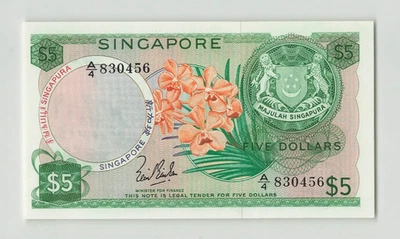 Singapur $5 dólares 1967, P-2a, signo: San A/4, original AU/aUNC, serie Orchid. R2 Foto 1 de 2