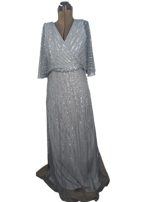 Vestido Adrianna Papell Gris Cuentas Lentejuelas Talla 10 Formal Noche Hasta el Suelo Foto 1 de 4