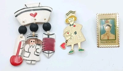 Vintage Lot Of 3 Medical Nursing Pins Ceramic Dangling Heart USPS Stamp  - Image 1 of 4