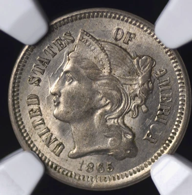 1865 ТРИ ЦЕНТА НИКЕЛЬ NGC MS 62 СЛЕГКА ПОСЕДЕВШИЙ МАТОВЫЙ НИКЕЛЬ С НЕКОТОРЫМИ - Изображение 1 из 4