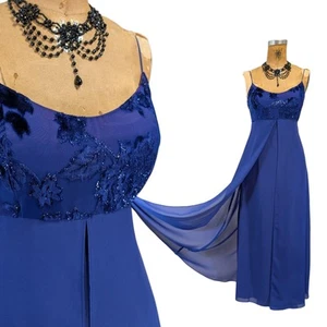 Vtg 90s Prom Dress XS/S Blue Cowl Scoop Drape Bias Cut Maxi Chiffon Simple - Picture 1 of 15