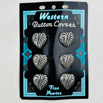 Vintage Western Heart Shaped Pewter Button Covers Set of 6 New USA Made - Image 1 of 4