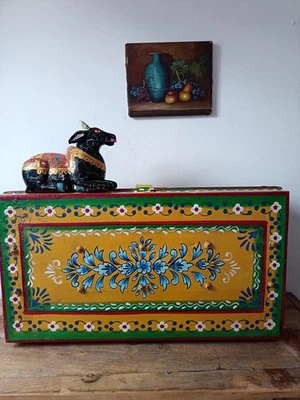 Vintage trunk hand painted Indian storage chest yellow - Image 1 of 4