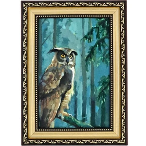 Original Oil Painting Owl in Forest Wildlife Bird Art Framed Wall Decor 4x6 - Picture 1 of 12