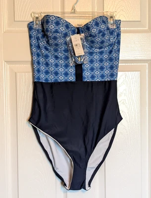 Traje de baño de una pieza geométrico floral azul playa Ann Taylor Loft, talla 10 nuevo con etiquetas Foto 1 de 4