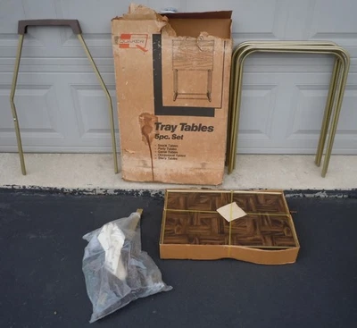 Vintage Quaker MCM Parquet Wood 5 Piece Tv Tray Snack Table Set with Stand NEW - Image 1 of 4