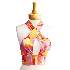 ZARA Crop Criss Cross Halter Top Tie Neck Pink & Orange Abstract Print Sz XS - Picture 1 of 5