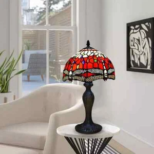 Lampada da tavolo stile Tiffany 10" rossa paralume vetro colorato lampadina stile antico E27 - Foto 1 di 10