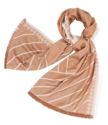 Bufanda con flecos con logotipo de Tory Burch camel hecha en Francia nueva con etiquetas  Foto 1 de 4