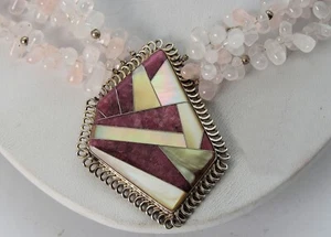 Sterling Inlay Geometric Shape Pendant Jay King DRT Rose Quartz Necklace #197988 - Picture 1 of 9