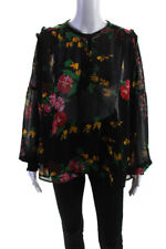 Cabi Womens Black Floral Ruffle Crew Neck Long Sleeve Sheer Blouse Top Size M