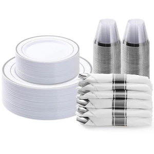175PCS Silver Plastic Dinnerware Set, Disposable Party Plates for 25 Guests, ... - Picture 1 of 6