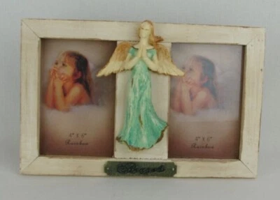 Rainbow Beige Wooden Angel Distressed Displays Two 4 x 6 Picture Frame           - Image 1 of 4
