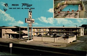PECOS, TEXAS MOTEL POSTKARTE Pecos TraveLodge, kultiger Bär, Panoramablick - Bild 1 von 2