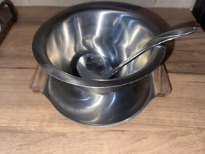 Vintage Stainless Steel Serving Bowl With Wooden Handles/and Spoon Japan - Picture 1 of 4