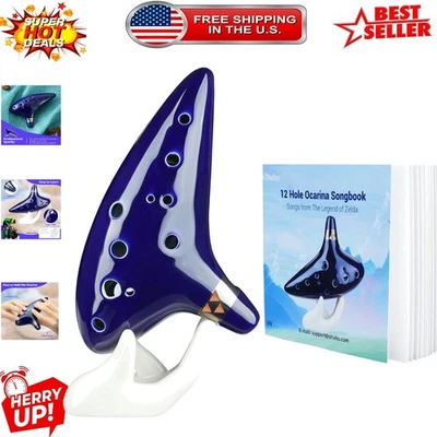 Handcrafted Blue Ceramic Zelda Ocarina with Song Book - Ideal Gift for All Ages - Image 1 of 4