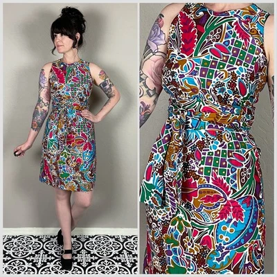 Vintage 1960s  Sleeveless Colorful Polished Cotton Minidress | 26" Waist - Image 1 of 4