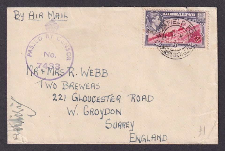 GIBRALTAR, cubierta censurada correo de campaña a Inglaterra correo aéreo Segunda Guerra Mundial Foto 1 de 3