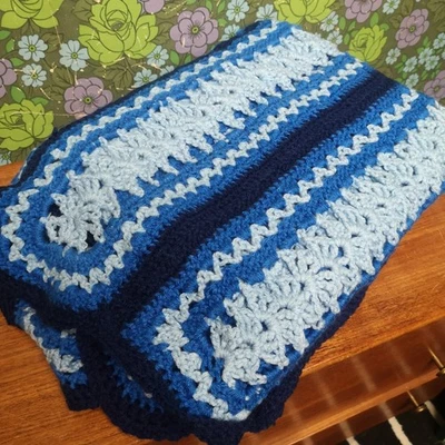 Vintage Crochet Knitted Blue Stripy Single Blanket Throw - Image 1 of 4