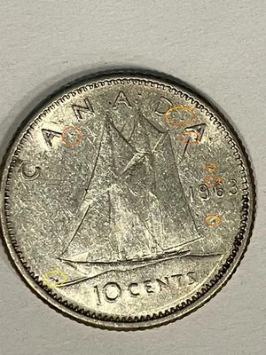 1963 CANADA 10C SILVER DIME ERROR DIE DAMAGE RUST PITS  F1011 - Image 1 of 4