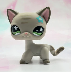 Littlest Pet Shop # 483 Gray Teal Flower Short Hair Cat Green Flower Eyes - Picture 1 of 4