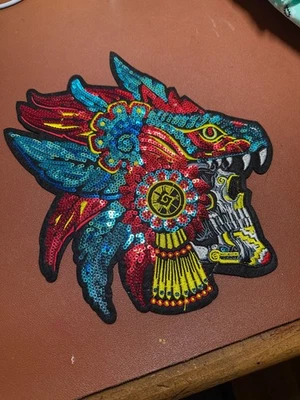Aztec or Mayan Dead Serpent Warrior Patch, 9" x 8.5", patches, Sequins, (#27) - Image 1 of 4