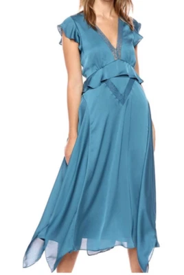 Vestido BCBGMaxAzria Midi S Pequeño Manga Corta Fluido Azul Verde Hada Lavable NUEVO Foto 1 de 4