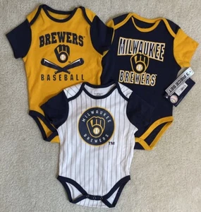 MLB Milwaukee Brewers Baby Boys' White Pinstripe 3pk Bodysuits - 12M - Picture 1 of 7