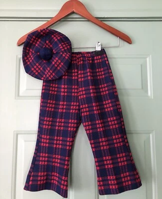 Pantalones a Cuadros 3T-5T Niños Pequeños BELL BOTTOMS De Colección Años 70 Y Sombrero a Juego Sin Etiquetas Foto 1 de 4