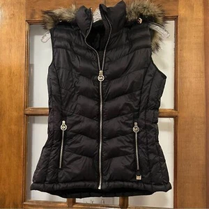 Michael Kors Faux Fur Puffer Hoodie Vest Black Size S - Picture 1 of 8
