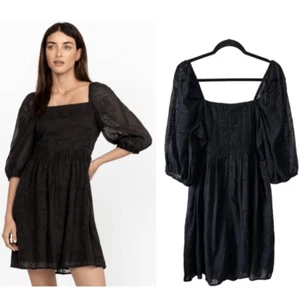 NWT- JOHNNY WAS- ELLA SILK COTTON MINI DRESS BLACK EYELET PUFF SLEEVES, Size XL - Picture 1 of 16