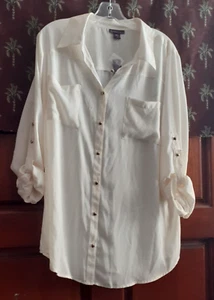 Vintage Beverly Drive Plus Size 2X Career Blouse Roll Tab Sleeve Metal Buttons - Picture 1 of 13