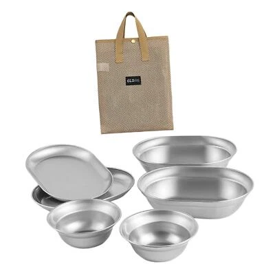 Stainless Steel Plates and Bowls with Carrying Bag 6x Easy Cleaning Camping Mess - Image 1 of 4