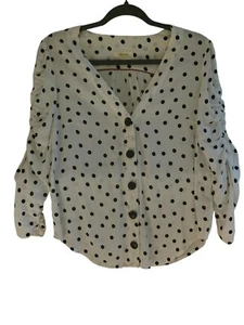 Blusa Maeve Anthropologie Jourdain para mujer talla M blanca negra a lunares manga 3/4 - Imagen 1 de 5