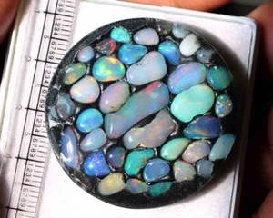 73.40 Cts Natural Fire Opal On Black Doublet Round Loose Gemstone - Picture 1 of 7
