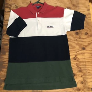 Vintage Nautica Mens Size Large Striped Polo Shirt Red White Blue Green 90s - Picture 1 of 9