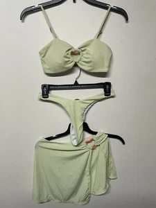 Women Green Bikini 3 Piece Swimsuit Small Thong Cheeky Pink Heart Cover Up - Picture 1 of 9