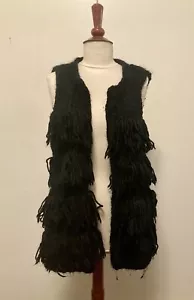 X Of Handmade Fuzzy Fringed Black Vest With Pink Floral Design - One Size - Picture 1 of 5