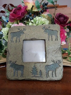 Rustic Moose and Trees Picture Photo Frame Green Resin 3.5 x 3.5 Cabin Wildlife - Image 1 of 4