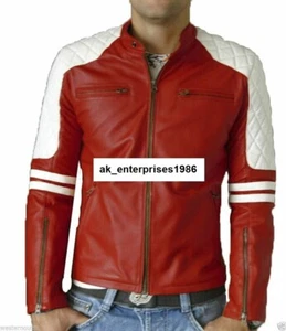 White Strip Red Jacket Men Pure Lambskin Leather Halloween Stylish Motorcycle - Picture 1 of 5