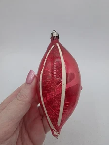 Vintage Unsilvered Red Teardrop White Stripe Christmas Ornament With Tinsel 4.5" - Picture 1 of 6
