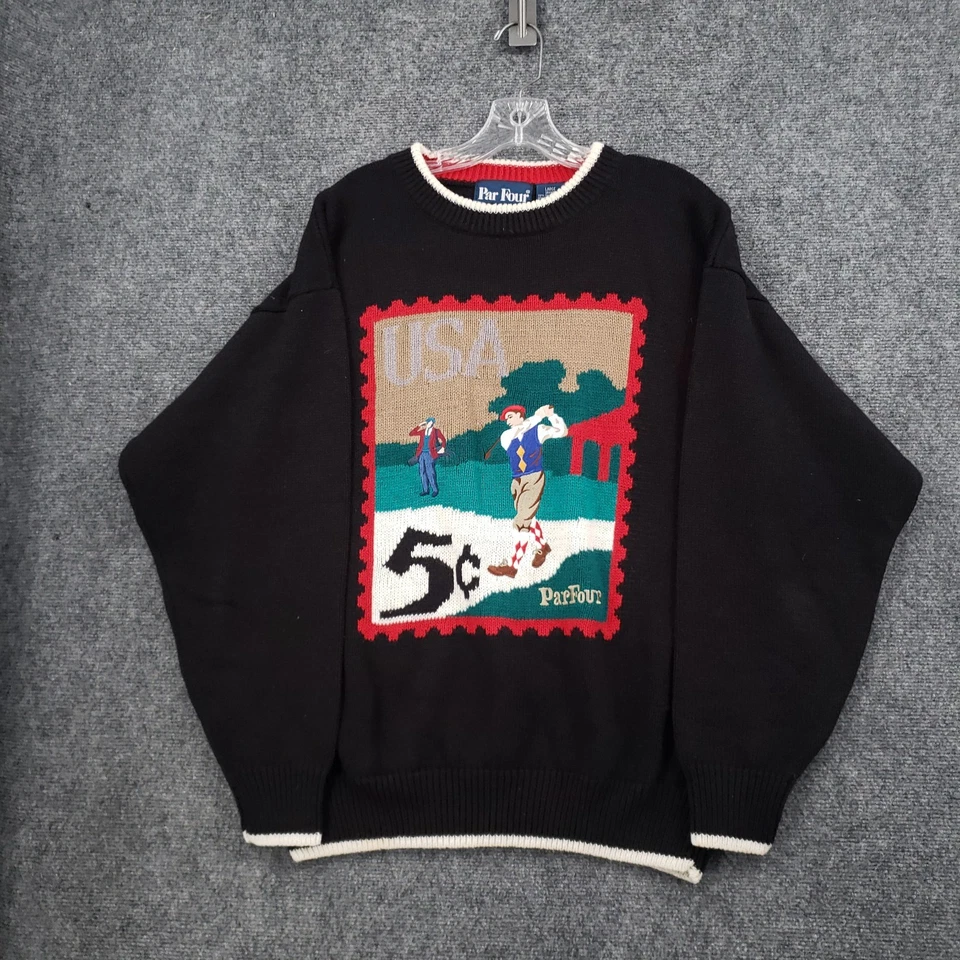 Suéter DE COLECCIÓN Par Cuatro Para Hombres Grande Negro Golf Abuelo Bordado Cuello Redondo Años 90 Foto 1 de 4