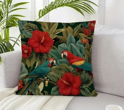 Kissen Bezug 45 cm floral Vogel Papagei Geschenk Botanik Fauna Wintergarten Büro - Bild 1 von 4
