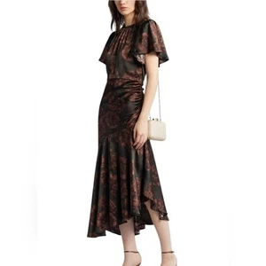 Midikleid Chelsea 28 grün und braun Blumen Satin Flatterärmel XS - Bild 1 von 11