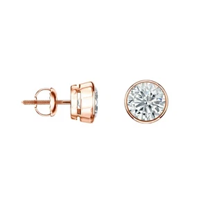 3 Ct Round Real 14K Rose Gold Created Diamond Earrings Studs Bezel Screw Back - Picture 1 of 3