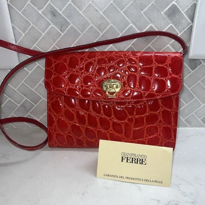 GIANFRANCO FERRE Vintage Shoulder Bag Embossed Red Crocodile Leather Detachable  - Image 1 of 4